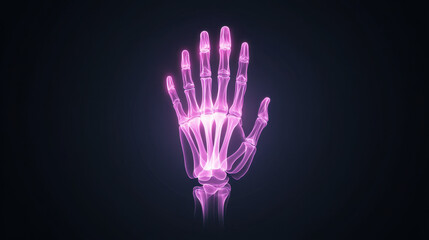 A glowing, stylized hand skeleton illuminated in pink against a dark background, showcasing a modern design aesthetic.
