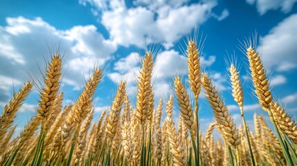 Fototapeta premium Golden Wheat Field Under Blue Summer Sky Nature sun farm crop food 