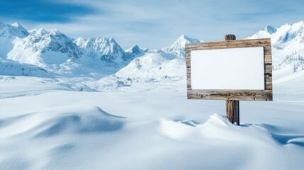 A blank wooden sign stands amidst the stunning snowy mountains, inviting viewers to imagine new adventures and experiences in the expansive, tranquil winter landscape.