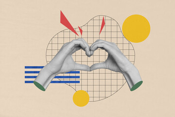 Trend artwork creative sketch 3D photo collage of symbol body language sign hand gesture heart love bonding valentine day shape bonding