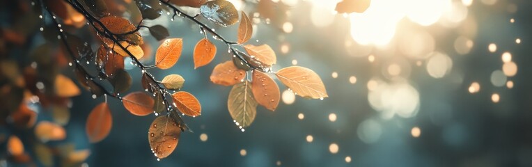 Raindrops on autumn leaves with sunlight. Ideal for nature blogs, seasonal promotions, and calming visuals.