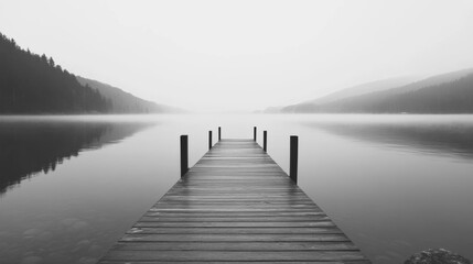 Obraz premium Serene misty lake with wooden dock extending into calm waters, mountains in background.