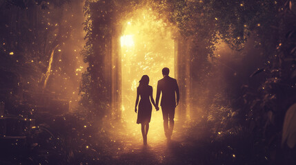 romantical couple man and woman walking through magical fantasy gate
