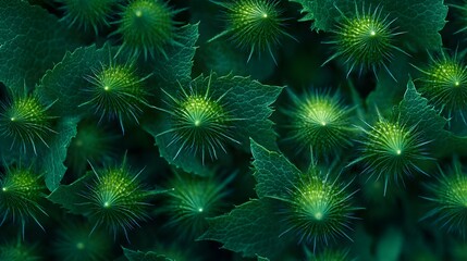 Lush Green Spiky Flowers and Leaves Background