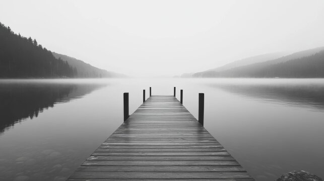 Serene misty lake with wooden dock extending into calm waters, mountains in background.