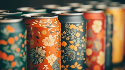 Fototapeta premium Colorful Floral Patterned Aluminum Beverage Cans