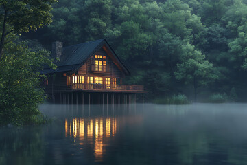 Fototapeta premium Whispers of Serenity A Tranquil Lakeside Retreat at Golden Hour