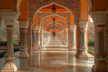 Intricate Indian Arches with Colorful Floral Artwork in Jaipur Palace Corridor