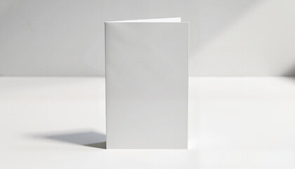 Photorealistic Folded Card Mockup, blank upright on white surface, elegant presentation with gentle shadows