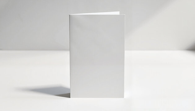 Photorealistic Folded Card Mockup, blank upright on white surface, elegant presentation with gentle shadows