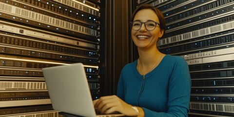 Professional Female IT Specialist Working on Laptop in Data Center