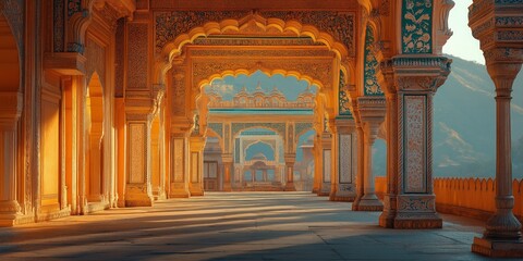 Magnificent Indian palace corridor with intricate carvings and golden hues