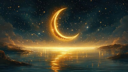 Golden crescent moon, starry night, tranquil water.