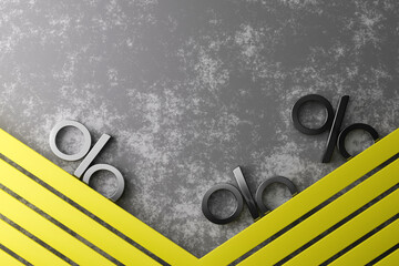 Black percentage symbols are arranged on a textured gray surface, accented by bright yellow diagonal stripes, creating a vibrant visual for a sale promotion in a modern design context. Copy space. 3D.