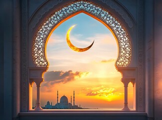 Arabic window with a mosque and crescent moon in the sky on a sunset background, Ramadan Kareem concept banner design. 