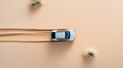 Aerial View of a White SUV Driving Through Golden Sand Dunes with Sparse Vegetation in a Desert Landscape on a Sunny Day