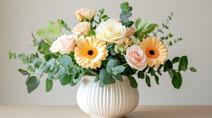 Close-up of a mixed flower arrangement in a white ceramic vase, featuring yellow gerberas, pink roses, and greenery on a neutral background.