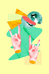 Vertical photo collage of hands show rock gesture weekend concert celebration disco ball half punk isolated on painted background