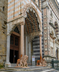 Basilica of Santa Maria Maggiore in Citta Alta, Bergamo, Italy. Historical cathedral architecture of Old town. Beautiful medieval church 