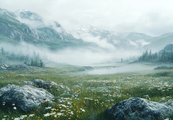 Obraz premium In a surreal setting, simple beauty is conveyed through grass and a misty sky background