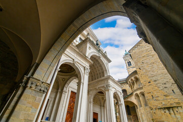 The Duomo in Citta Alta, Bergamo, Italy. Historical cathedral architecture of Old town. Beautiful medieval church 