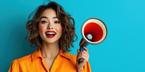 Energetic young woman with megaphone vibrant background portrait studio setting cheerful concept for social media engagement