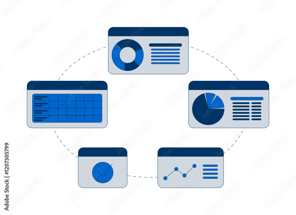 Poster interconnected circular business dashboard workflow 2d cartoon object. data integration, analysis. i