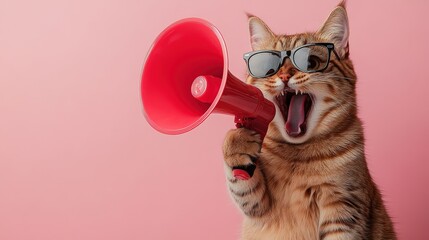 Energetic cat with megaphone studio humorous portrait playful environment close-up cheerful vibe