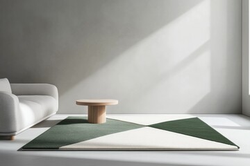 Modern minimalist living room interior with a geometric rug, wooden coffee table, and a light gray sofa.