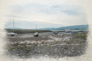 Digital watercolour illustration of small boats moored in the harbour at Rhos-on-Sea, Wales, Uk at low tide.