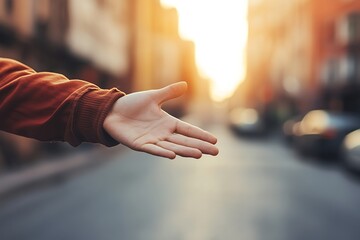 Obraz premium Open Hand Gesture in City Sunset