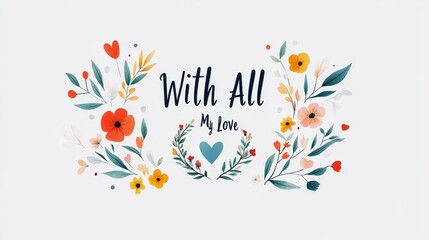 Beautiful Illustration of Floral Elements and Typography Featuring the Phrase "With All My Love" Surrounded by Delicate Flowers and Hearts in a Soft Color Palette