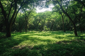 Fototapeta premium Sunlight filtering through lush green forest nature scene tranquil environment serene viewpoint natural beauty