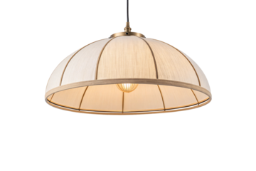 A large dome-shaped pendant with linen-inspired texture and visible bulb, combining simplicity and elegance in its design. Isolated on a transparent background