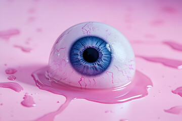 Close-up of a Blue Eye on Pink Liquid Surface with Abstract Melting Effect. Generative AI