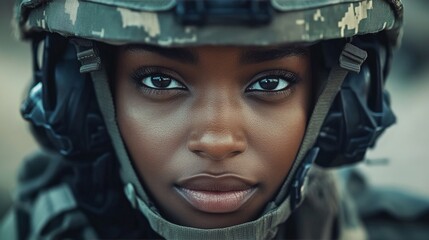 A powerful portrait of a female soldier in combat gear, symbolizing strength and technological integration in modern defense. Perfect for military campaigns and motivational visuals.