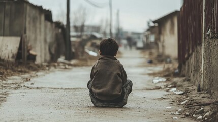 A young boy sits alone on a dirt road in a impoverished neighborhood, looking down the street.