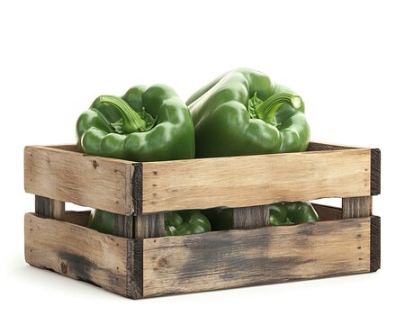 Fresh green bell peppers in a wooden crate isolated on white background for organic farm market and healthy food concept.