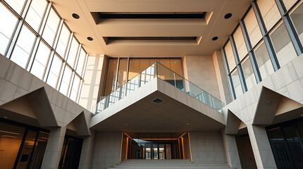 Obraz premium Modern Architectural marvel: A study in geometric lines, glass, and stone. The building's interior is a symphony of light and space, showcasing contemporary design at its finest.