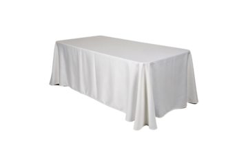 A simple rectangular table draped with a crisp white tablecloth, offering a minimalist and versatile design. Isolated on a transparent background