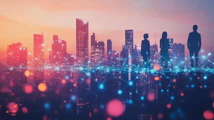 abstract professional business team people connection of line from nail node to node on Smart digital cityscap and skyline background , Innovation networking concept