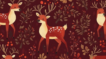 Reindeer autumn woodland seamless pattern textile design