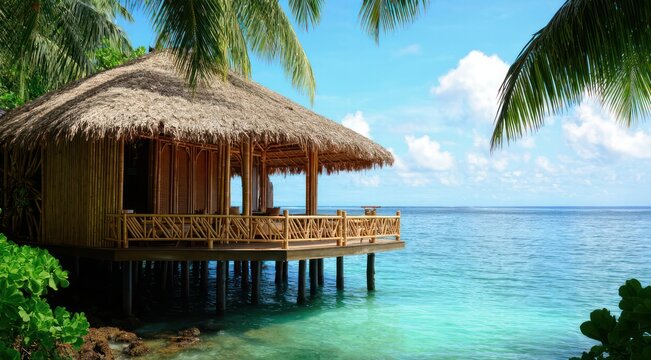 Tropical overwater bungalow with clear blue waters and palm trees.
