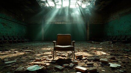A single, lonely chair illuminated by rays of light in a derelict warehouse, symbolizing isolation and the passage of time in a forgotten space.