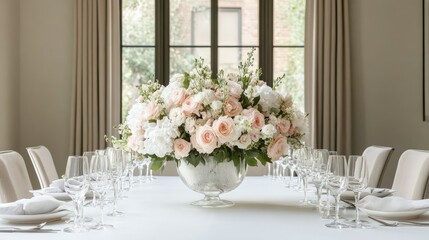 Fototapeta premium Minimalist arrangement of fresh-cut flowers in blush pink tones, placed in a simple glass vase on a white dining table.