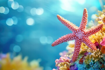 Vibrant Starfish on Coral Reef with Beautiful Blue Background Creating a Serene Underwater Scene Ideal for Marine Life and Nature Lovers