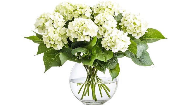 Beautiful white hydrangea flowers in a clear glass vase with green leaves on white background for home decor and floral design.