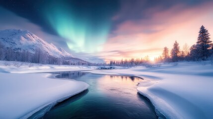 An exquisite view of snowy mountain peaks glowing under an illuminated aurora, reflecting beautifully on a calm river that flows through a frosty landscape.