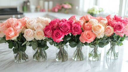 Obraz premium Multiple bouquets of light and dark pink roses placed side by side on a marble countertop, creating a vibrant floral display.