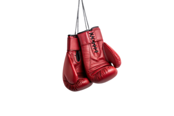 Bright red boxing gloves suspended by strings, creating a bold, dynamic image of readiness and determination. Isolated on a transparent background